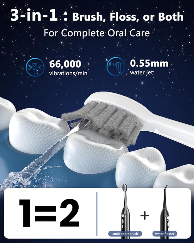 3-in-1 Flossing Toothbrush – Flosses, Vibrates and Oscillates, Electric Toothbrush with Water Flosser for Adults, 5 Brush Heads, 3 Modes for Plaque Removal, Sensitivity & Braces, Travel - White