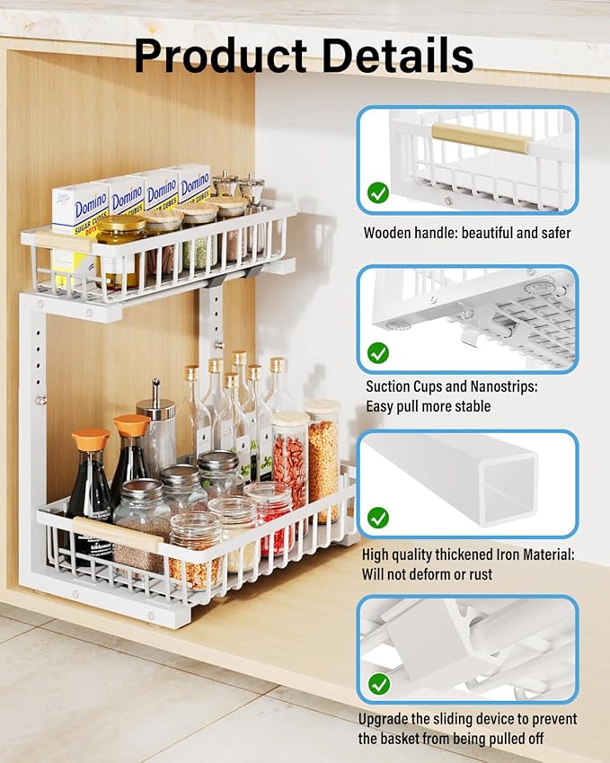 Under Sink Organizer Storage for Families: Pull Out Storage Undersink Organizers Drawer Cabinet - Sliding 2 Tier Rack Metal Organization Under Counter Kitchen Bathroom for Homemakers(White,2 Pack)