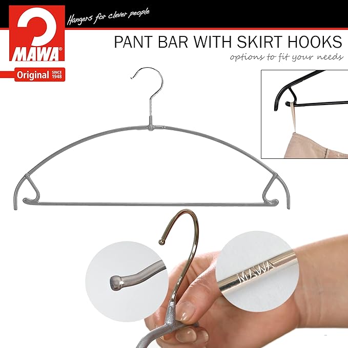 Mawa by Reston Lloyd Euro Ultra Light/Thin Series, Non-Slip Space Saving Clothes Hanger with Bar & Hook for Pants and Skirts, Style 42/PTU, Set of 130, Silver
