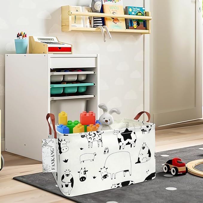 FANKANG Storage Basket,Nursery Hamper Canvas Laundry Basket Foldable with Waterproof PE Coating Storage, Office, Bedroom, Clothes,Toys(L, Rec-cows)
