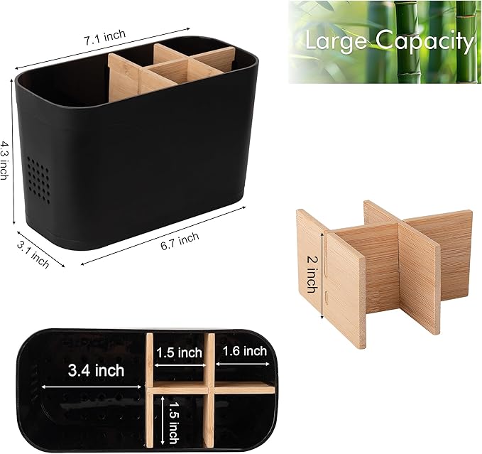 Toothbrush Holders for Bathrooms, Electric Tooth Brush Holder with Bamboo Dividers Kids Toothbrush and Toothpaste Organizer for Bathroom Countertop Accessories Storage, 5 Slots, Black
