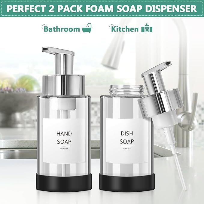 Glass Soap Dispenser, 10 oz/300ml Foaming Soap Dispenser, 2 Pack Foaming Hand Dispenser with 2 Non-Slip Silicone Bottom Sleeve, Clear Refillable Foam Soap Bottle with Silver Pump