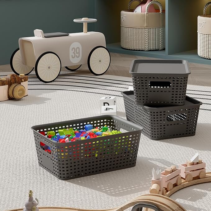 6-Pack Plastic Storage Bins with Lids, Stackable Organizer Baskets & Containers for Pantry, Kitchen, Cabinet, Closet, Bathroom Organization Toys, Space Saving, Easy-Carry Handles,Gray
