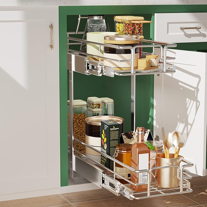 LOVMOR 2 Tier Individual Pull Out Cabinet Organizer 9" W x 21½" D, Slide Out Kitchen Cabinet Storage Sliding Shelves