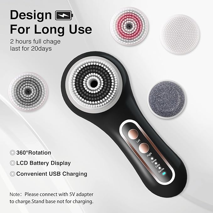 Electric Facial Cleansing Brush, 2-Way Rotating Face Scrubber for Daily & Deep Cleaning, 3 Modes, 5 Brush Heads, Rechargeable, IPX7 Waterproof for All Skin Types