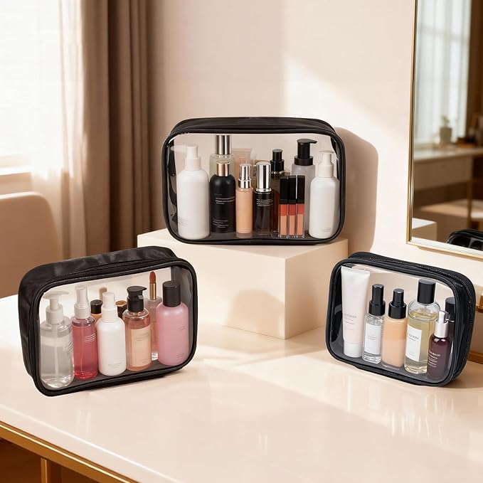 Clear TSA Approved Toiletry Bag - 3 Pack Travel Cosmetic Bag with Makeup Brush Bag Portable Travel Essential Organizer for Women Transparent Waterproof Cosmetic Storage Case Airline Compliant