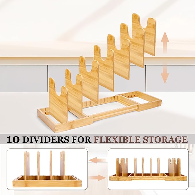 Bamboo Pot Lid Organizer, Pots and Pans Organizer Inside Cabinet, Pot Lids holder for Kitchen Countertop