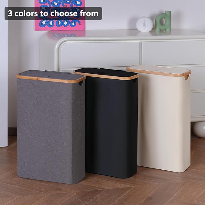 60L Slim Laundry Hamper,Laundry Basket with Lid,Tall Hamper for Laundry,Dirty Cloth Hamper with Bamboo Handle for Toys,Towels, Clothes Organizing,Black