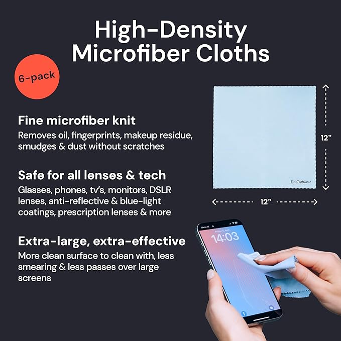 Elite Screens 6-Pack Microfiber Cleaning Cloths - 5-pc 6"×7" & 1-pc 12"×12", Light Blue - Streak-Free Glasses Wipes - Travel-Ready Eyeglass Cleaning Wipes - Oversized Reusable Lens Care Cloths