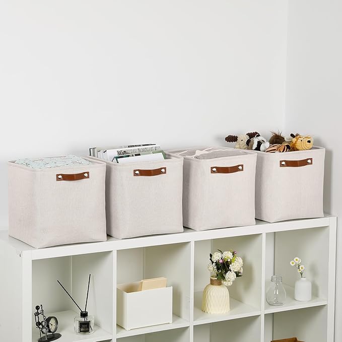 HNZIGE Foldable Cube Storage Bin(4 Pack) Storage Baskets for Shelves, Closet,12x12 Storage Cube Bins Baskets for Cube Organizer, Fabric Storage Cubes for Storage Home Organization with Handles(Cream)