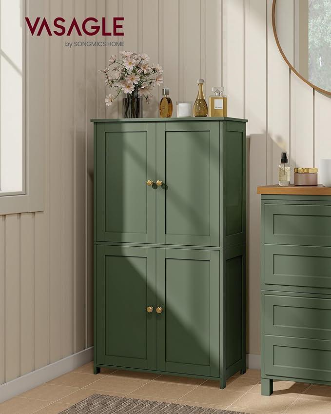 VASAGLE Floor Storage Cabinet, Shaker Cabinet with 2 Adjustable Shelves, 4 Doors, Tall Freestanding Organizer Unit, for Kitchen Bathroom Living Room, Forest Green UBBC553CH01S