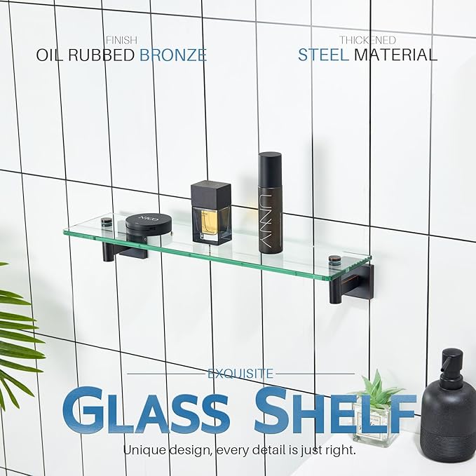 KOKOSIRI Wall Shelves Bathroom Hardware Glass Floating Shelf 20-Inch for Bedroom, Living Room, Kitchen, Hanging Rack Oil Rubbed Bronze B1105ORB-L20