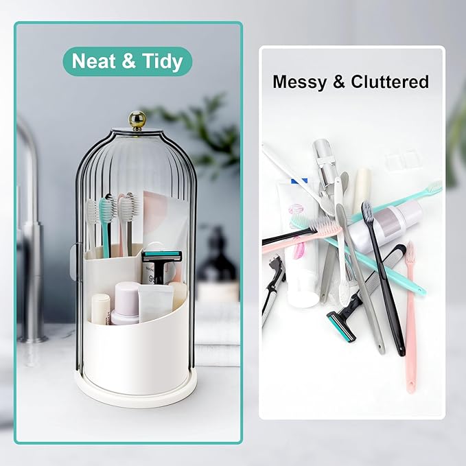 Toothbrush Holders with Sliding Lid, Rotating 3 Slots Bathroom Organizer Countertop, Tooth Brush Toothpaste Holder Bathroom Counter Stand Sink Organizer Caddy for Vanity Makeup Brushes Holder