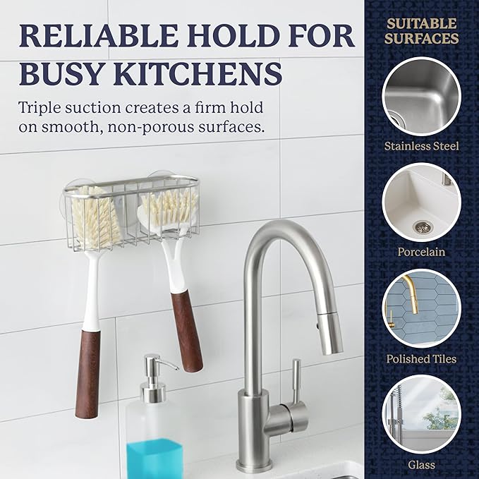 Farberware Sponge Holder for Kitchen Sink—Brushed Metal Sink Caddy Organizer with Triple Suction Cups, Kitchen Organizer for Sponges, Brushes, Soap & Cleaning Essentials