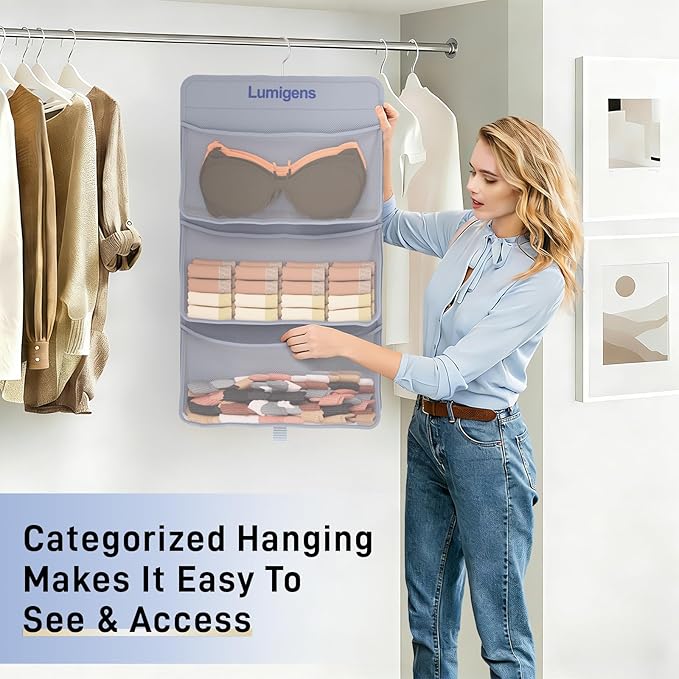 2 pack Hanging Closet Organizer with Pockets, Sock & Underwear Organizer, Bra Organizer for Closet Storage with 360° Rotating Hook, Space Saving Hanging Storage for Closet, Bedroom, RV