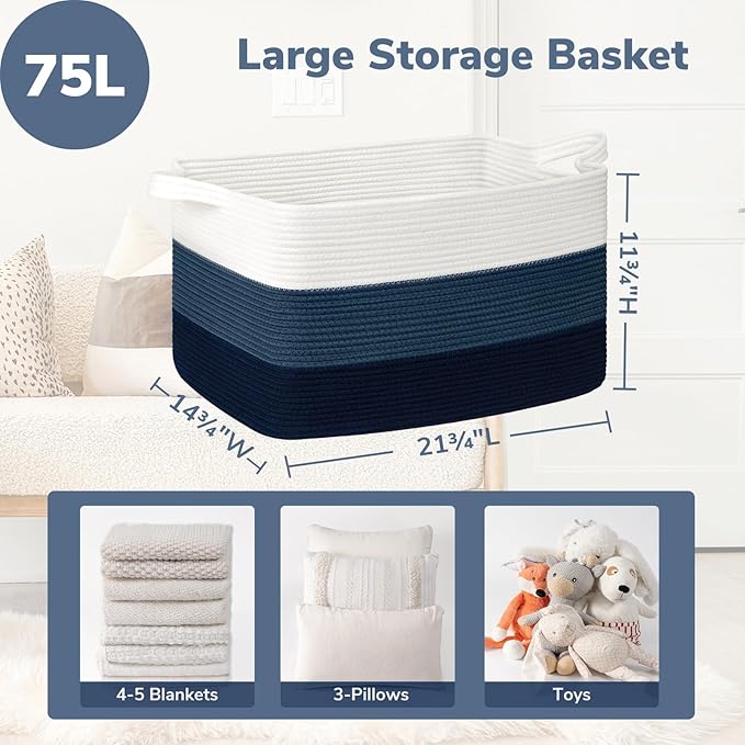 Goodpick Storaget Basket, 21.6" x 14.9" x 11.8", Toy Storage Baskets for Bedroom, Large Baskets for Organizing, Rectangle Woven Rope Basket for Blanket Storage, Blue