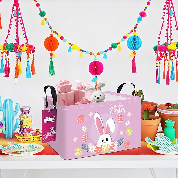 Rectangular Storage Basket Fabric Organizer Bin for Toys,Books,Clothes,Gifts,Pets-Perfect for Home,Office,Nursery,Dorm,Shelf(Rec-Easter rabbit)