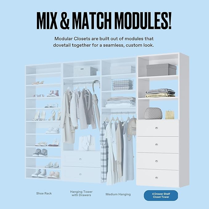 Modular Closet System Tower - With Drawers (4) - Corner Closet Organizer - White, 25.5 Inches Wide