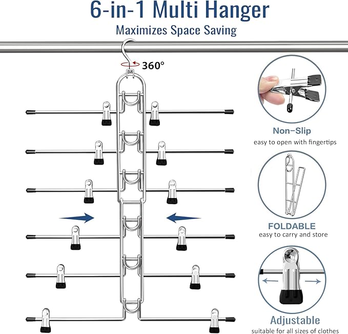 Pants & Skirt Hangers with Clips, Newly Upgraded Detachable - Space Saving Hangers, 6-Tiers Foldable Skirt Hangers for Women - Hanging Closet Organizer and Storage - 4 Pack, Patent Pending