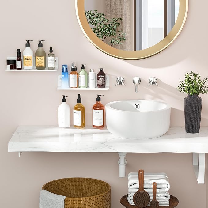 12 Inches White Acrylic Wall Shelves Set of 2, Wall Mounted Shelves for Plants, Speaker, Camera, Toiletries, Spice Jars, Coffee, Candles, Shoes, 2 Pack