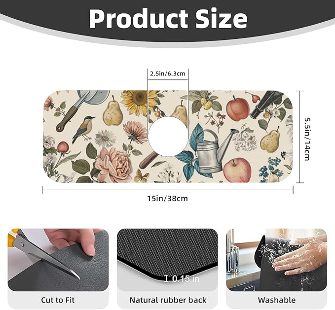 Faucet Draining Mat For Kitchen Sink, Roses Daisies Fruits Garden Diatom Mud Absorbent Drain Pad For Bathroom Kitchen Sink Splash Guard Drying Mat