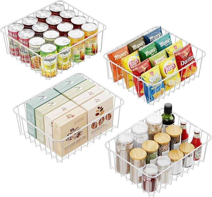 iSPECLE Wire Basket - 4 Pack Small Wire Storage Baskets Organizer Bins, Pantry Cabinet Shelf Kithen Storage Organization for Easily Get Items, White