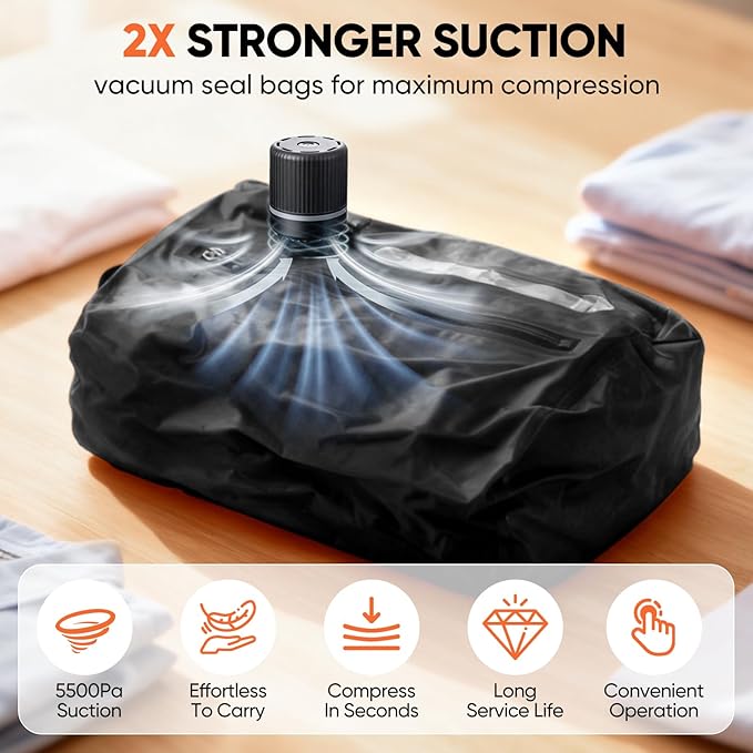 Vacuum Bags for Travel with Pump, Vacuum Packing Cubes for Travelers, Vacuum Seal Bags for Clothing, Reusable IP68 Waterproof Airless Travel Bags for Luggage, Suitcase (Black 2PC + Pump)