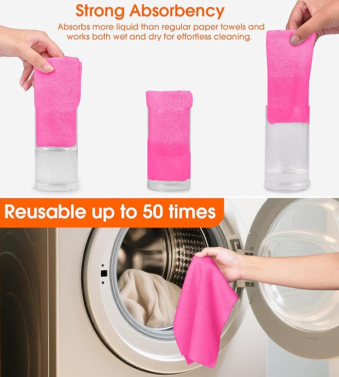 CHAUNCEY HOME Microfiber Cleaning Cloth Roll - 100 Pack Tear Away Microfiber Paper Towels, Reusable, Washable, Scratch-Free, Kitchen Towels for Car, Home, Kitchen, Glass, Dishes (Hot Pink)