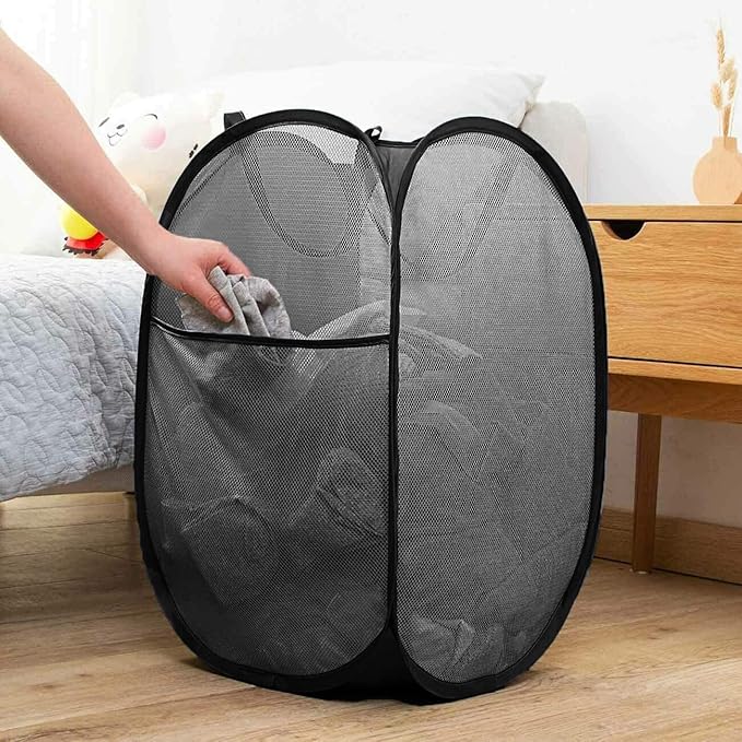 Pop Up Laundry Hampers, Collapsible Mesh Laundry Baskets for Home, Dorm, Travel, Portable Clothes Hampers, Pack of 2 (Black + Grey)