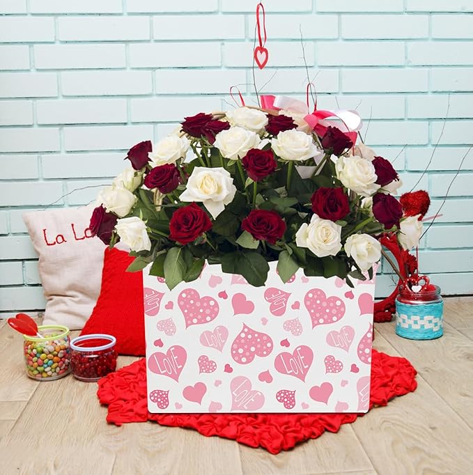 Rectangular Pink Gift Basket Empty,Fabric Storage Basket with Handles,Books Box,Lovely Storage Bin,Room Decor,Gift Basket (Polka Dot Heart)
