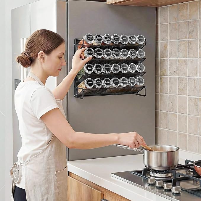 Magnetic Spice Rack Organizer for Refrigerator with 28 Spice Jars, 386 Spice Labels, 4 Hook, Chalk Marker and Funnel Set, Magnetic Shelf for Seasoning Organizer, 13.2'' W x 9.8 H, Black