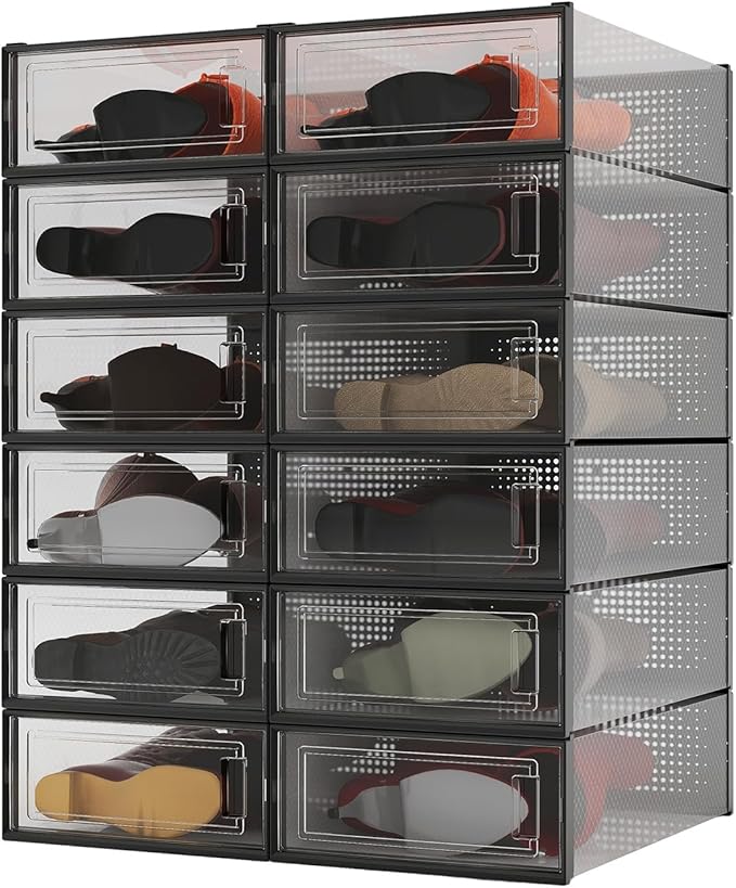 PARANTA 12-Piece Boot and Shoe Storage Box, Stackable Clear Plastic Shoe Box, Space-Saving Shoe Organizer for Boots, Sneakers, and High Heels, Black