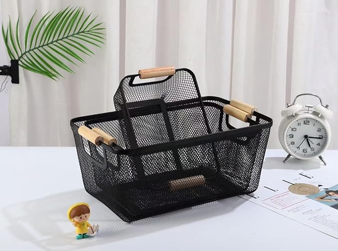 Metal Mesh Steel Basket, Medium Wire Storage Organizer Basket Multi-function Hanging Kitchen Basket with Wood Handle for Kitchen Bathroom Picnic Home, Rectangle-Black