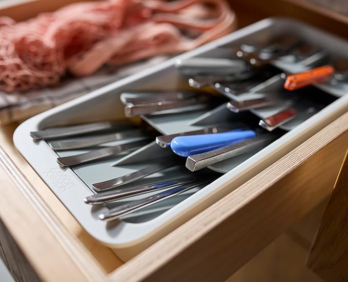 Joseph Joseph DrawerStore Large Tiered Flatware Cutlery Kitchen Drawer Organizer, Holds 48 Pieces, Disassembles for Easy Cleaning, Recycled Plastic