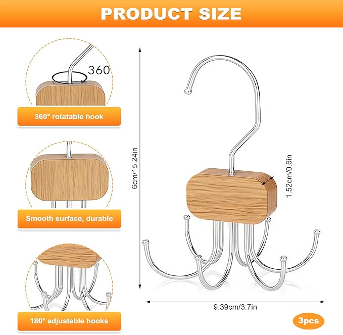 3 Pack Tank Top Hanger, Rotatable Bra Organzier for Closet, Bra Hanger for Closet Organizer, 360° Rotating & Foldable, Metal and Wood, Space-Saving Belt Hangers for Tank Tops, Belt, Tie (Wood)
