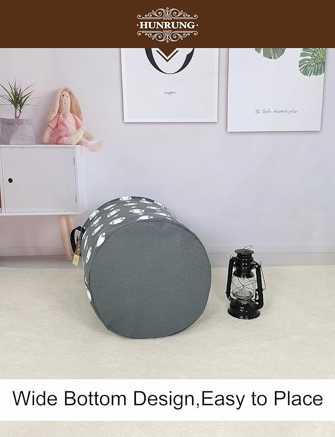 HUNRUNG Laundry Hamper,Large Canvas Fabric Lightweight Storage Basket Toy Organizer Dirty Clothes Collapsible Waterproof for College Dorms, Children Bedroom,Bathroom（Round-Grey Baseball）