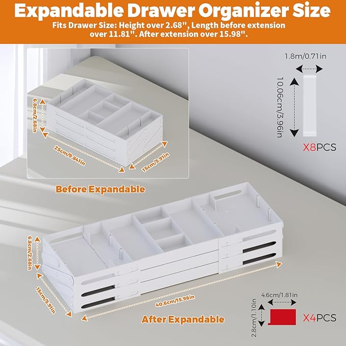 3 Tier Drawer Organizer - Expandable Junk Drawer Organizer Smart Office Supply Organizer, Folding Drawer Storage Multi-level Desk Organizer for Makeup,Jewelry,Kitchen Storage (1 Row 3 Tier, White)