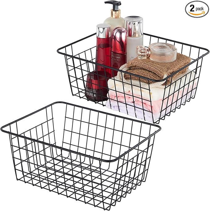 JUNCHU CHERRY【Extra Large】Wire Kitchen Storage Baskets 2 Packs,Perfect Pantry Organization Accessories Basket,Laundry Basket,Suitable for Countertop, Kitchen, Bedroom, Bathroom,Black