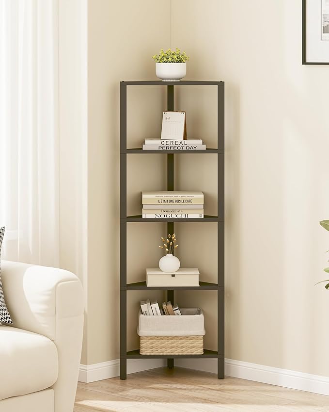 TUTOTAK Corner Shelf, 5-Tier Corner Bookshelf for Small Space, Narrow Display Corner Shelf Stand with Storage Rack, for Living Room, Bedroom, Black BS05BK005