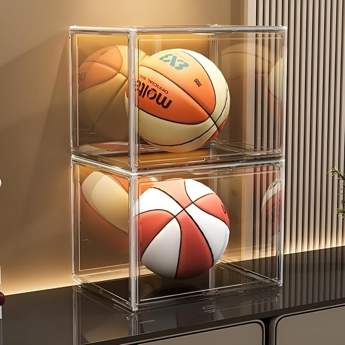 Large Clear Stackable Acrylic Storage Bins with Door, Dustproof Figure Collectibles Display Case, Football & Motorcycle Helmet Showcase, Basketball, Sports Memorabilia Organizer (XL, Count, 3)