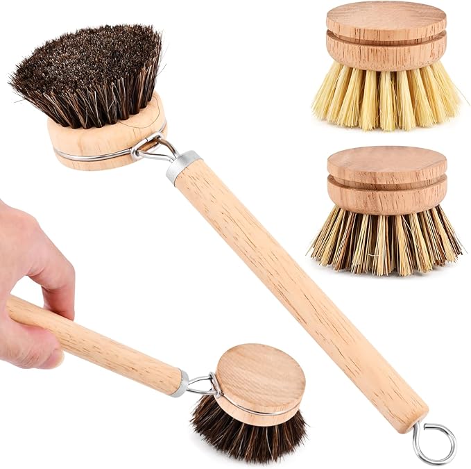 Bamboo Dish Brush Set, 1 Wooden Handle with 3 Natural Bristle Heads All Purpose Kitchen Scrub Brush with Sisal and Palm Horsehair for Cleaning Dishes Pans Vegetables(Color:Brown)