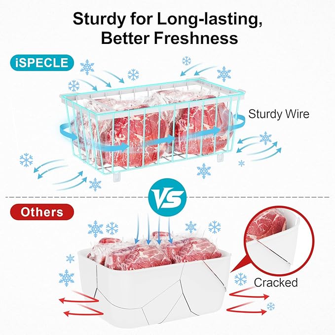 iSPECLE Chest Freezer Organizer Bins - Fits 7 Cu.Ft Deep Freezer, 6 Pack Stackable Wire Baskets(14.7" Length), Heavy Duty Coated Freezer Organizer, Rust Resistant for Frozen Food Sorting, White
