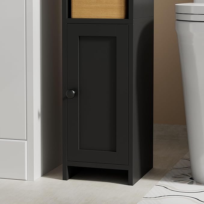 Homhedy Small Bathroom Storage Corner Floor Cabinet with Door and Shelves, Beside The Toilet Paper Stand for Skinny, Narrow Toilet Paper Cabinet, 7.9" D x 7.1" W x 31" H, Black