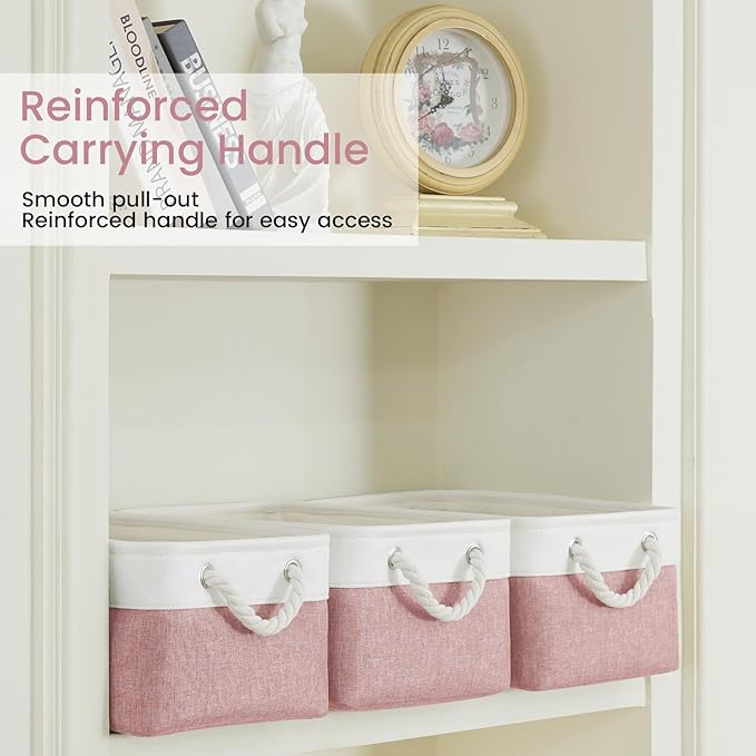 Storage Baskets for Shelves 13.8x9.8x6.7 Inch, Foldable Fabric Storage Bins with Handles, Small Storage Baskets for Organizing Closet, Office, Home Organization (3-Pack, White&Pink)