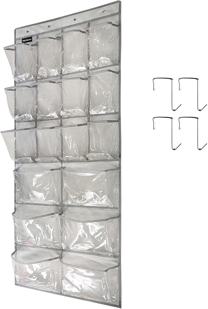 TidyMaster Extra Large Hanging Crystal Clear Over Door Shoe Organizer, Closet Shoe Rack with 12+6 Pockets, 8 Hooks, Grey (59"x 21.6")