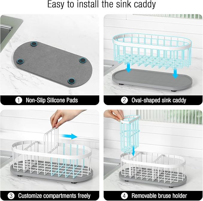 LARGE Kitchen Sink Caddy Organizer,[FLEXIBLE PLACEMENT & FAST-DRYING] Sponge Holder for Kitchen Sink Countertop with High Brush Holder-Rustproof 304 Stainless Steel-9.84"L x 4.72"W x 5.83"H