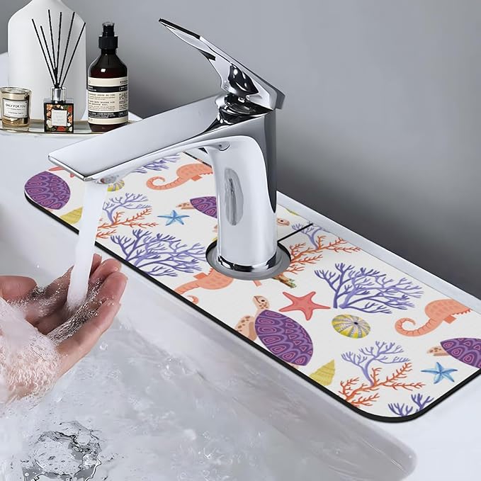 Faucet Draining Mat For Kitchen Sink, Purple Beach Sea Turtle Diatom Mud Absorbent Drain Pad For Bathroom Kitchen Sink Splash Guard Drying Mat