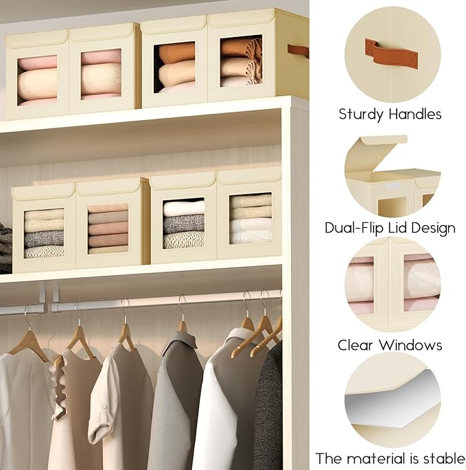 Large Closet Storage Bins - Collapsible Divided Clothes Organizer with Lids & Dual Window, Fabric Organizing Bins for Clothes, Sweater, Bedroom, Office (Beige, 2 Pack)