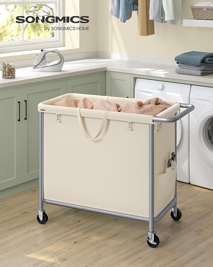 SONGMICS Laundry Basket with Wheels, Rolling Laundry Hamper, 47.5 Gallons (180 L), Removable Liner, Steel Frame with Handle, 31.5 x 15.4 x 31.9 Inches, Cream White URLS011W01