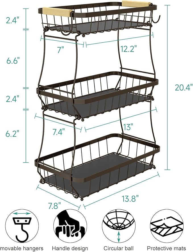 2 Tier Large Fruit Basket for Kitchen Counter with 2 Mobile Banana Hangers, 2026 Pro Detachable Metal Fruit Bowl with Wooden Handle (Brown, 3 Tier)